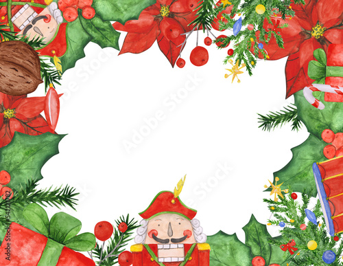 Poinsettia, Christmas tree, nutcracker, drums, nut, branch of pine, and gift box frame clipart. Christmas square template isolated. Red and green watercolor floral frame with empty space.