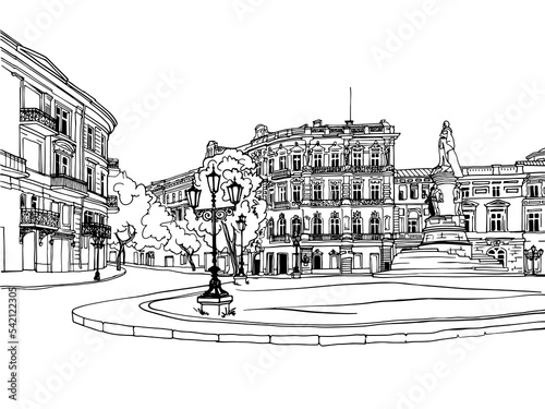 Nice old square. Odessa, Ukraine. Urban landscape. Hand drawn sketch. Line art. Ink drawing. Vector background on white. Without people.