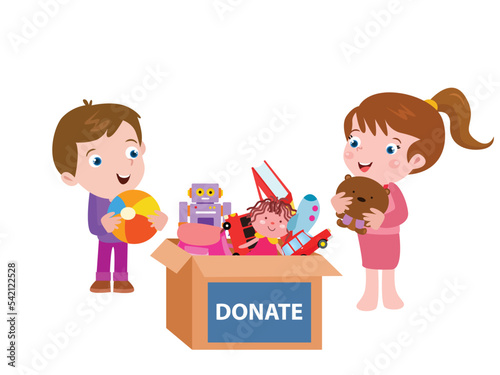 Children donate toys cartoon 2d vector concept for banner, website, illustration, landing page, flyer, etc.