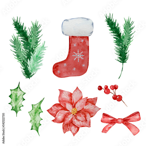 Watercolor set of christmas stockings and winter greenery
