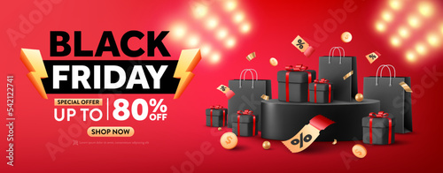Black Friday Sale 80% off Poster or banner with Flash icon,Black gift box and shopping bag on product podium scene. Black friday day sales banner template design for social media and website