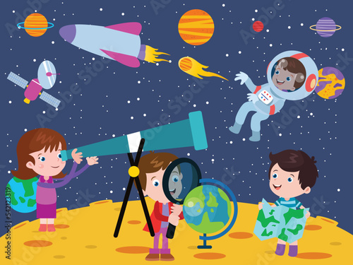 kids in space with telescope, spaceship, and planets