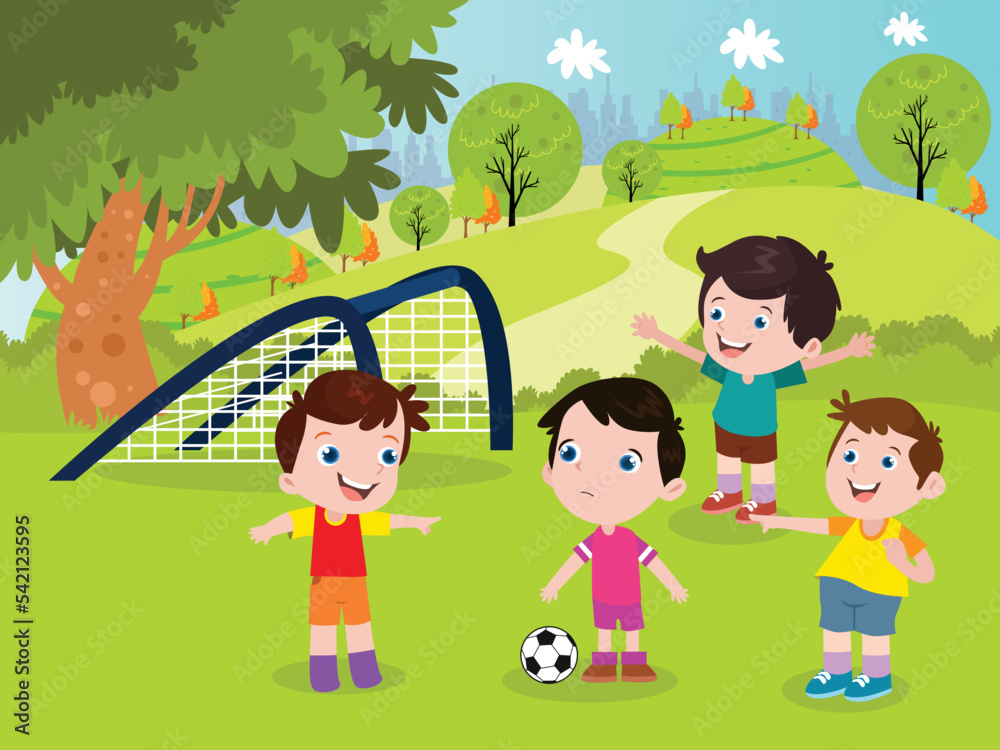 Cute little boy cartoon playing soccer at the park during summer day