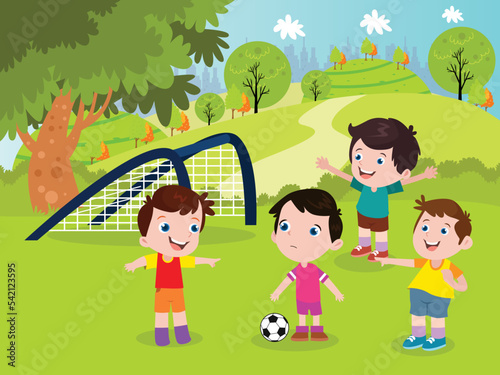 Cute little boy cartoon playing soccer at the park during summer day