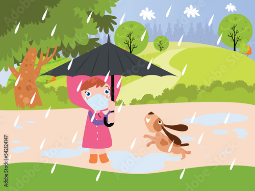 Girl and dog having fun to play with the rain