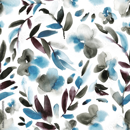 Wallpaper Mural Floral print in cerulean, greyish purple and black. Seamless watercolor pattern. Torontodigital.ca