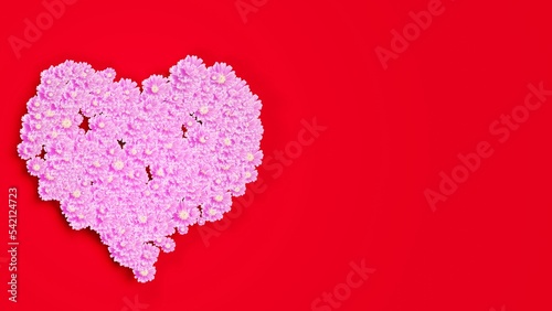 Pink heart made of chamomile flower on vivid red spring background 3D Rendering
