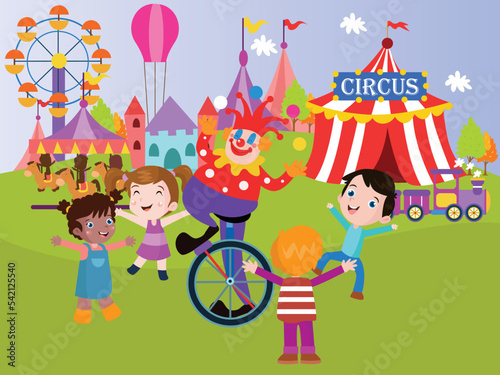 Joyful kids and clown in the circus