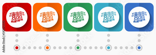 Power line, energy towers vector icons, infographic template, set of flat design symbols in 5 color options