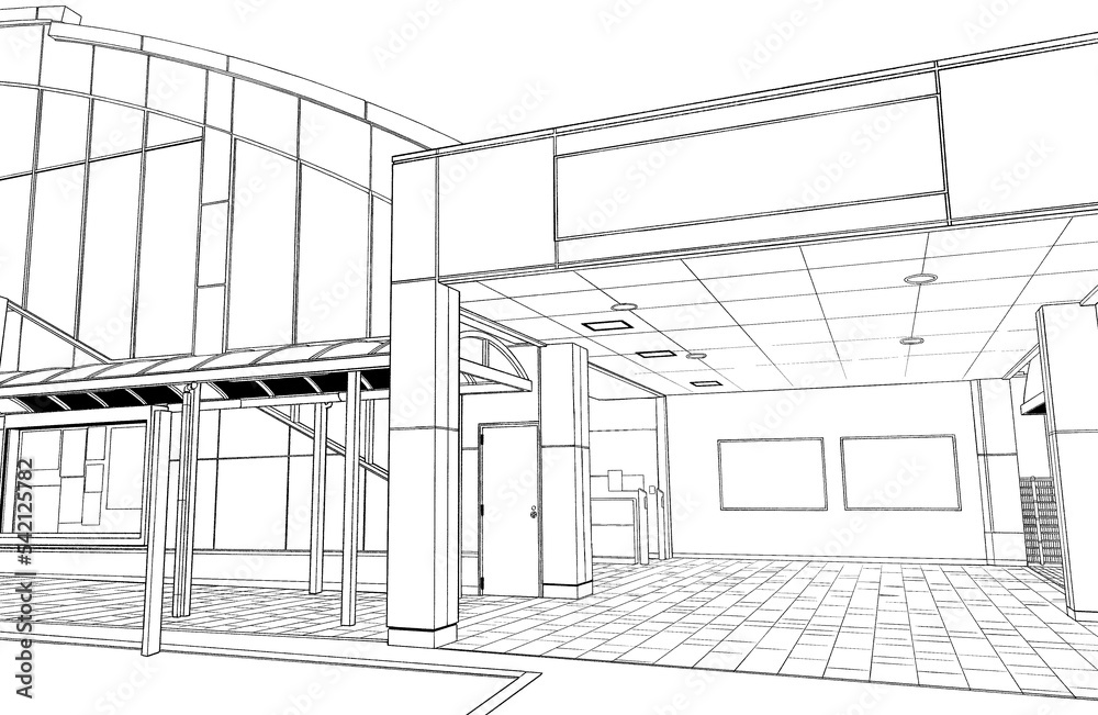 漫画風ペン画イラスト 駅_踏切・外観 漫画風ペン画イラスト 駅_踏切・外観