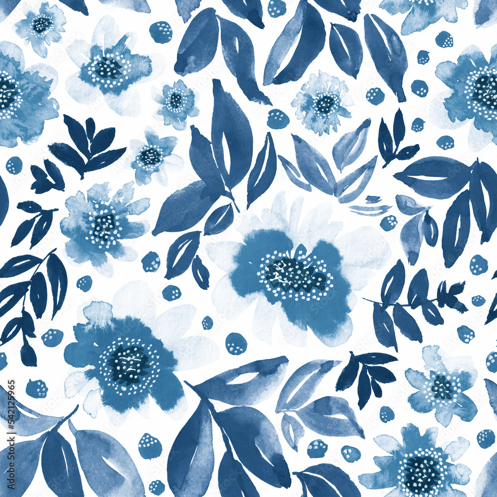 custom made wallpaper toronto digitalFloral print in blue and white. Seamless watercolor pattern. 