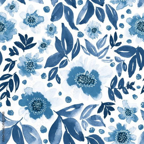 Wallpaper Mural Floral print in blue and white. Seamless watercolor pattern.  Torontodigital.ca