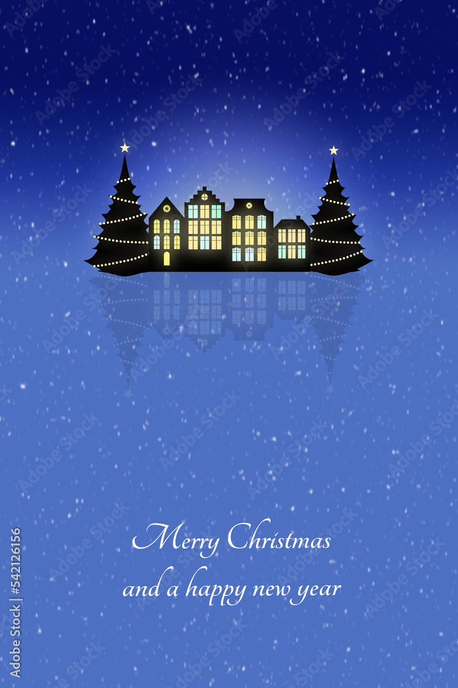 Fototapeta premium christmas card with paper cut silhouettes of old town houses, christmas trees and falling snow at night
