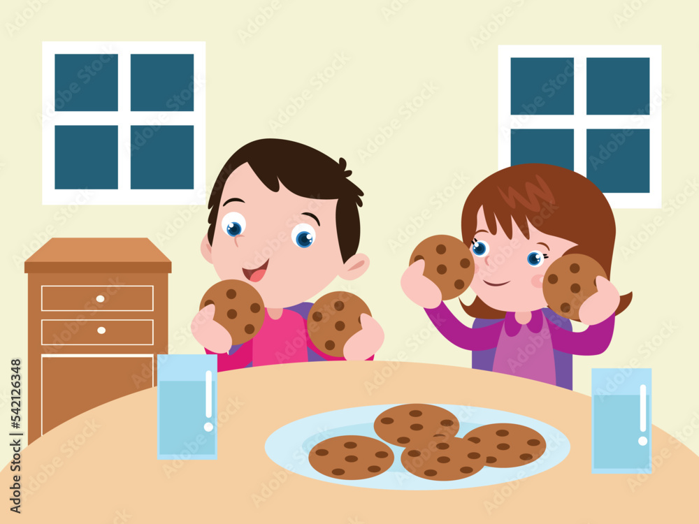 Children eating cookies while sitting in dining room at home Children eating cookies while sitting in dining room at home