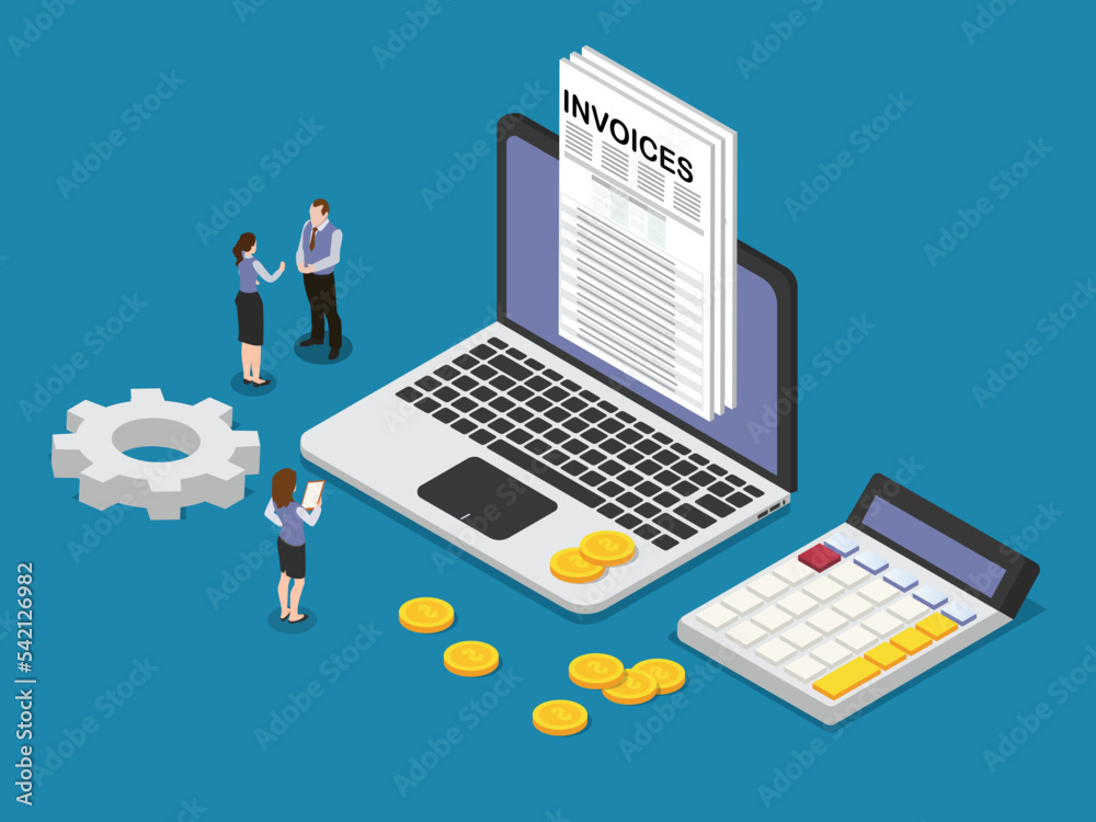 Invoice payment on a laptop computer, isometric vector illustration Invoice payment on a laptop computer, isometric vector illustration