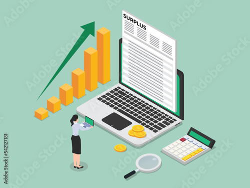 Businesswoman looking surplus form on laptop while using magnifying glass