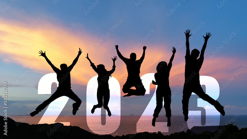 Silhouette happy business teamwork jumping congratulation and celebrate in Happy New year 2023 for change new life future concept. Freedom lifestyle group people team jump part of Number 2023 success