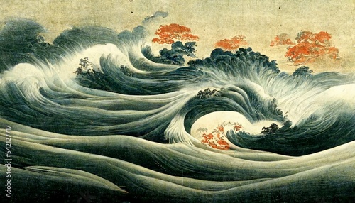 dramatic wave on rough paper textures, Japanese painting