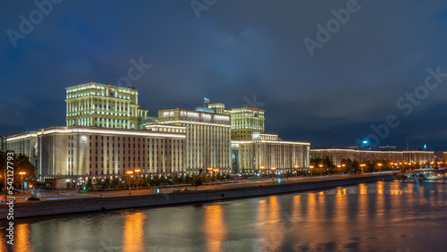 View of the Ministry of Defence of Russian Federation, and Moscow river embankment at summer night photo