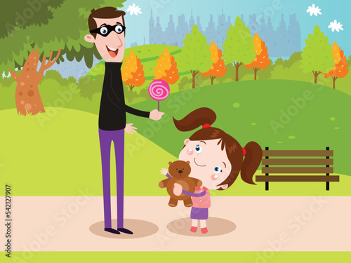 Kidnapping vector concept: Kidnapper giving lollipop to little girl in the park when she playing alone