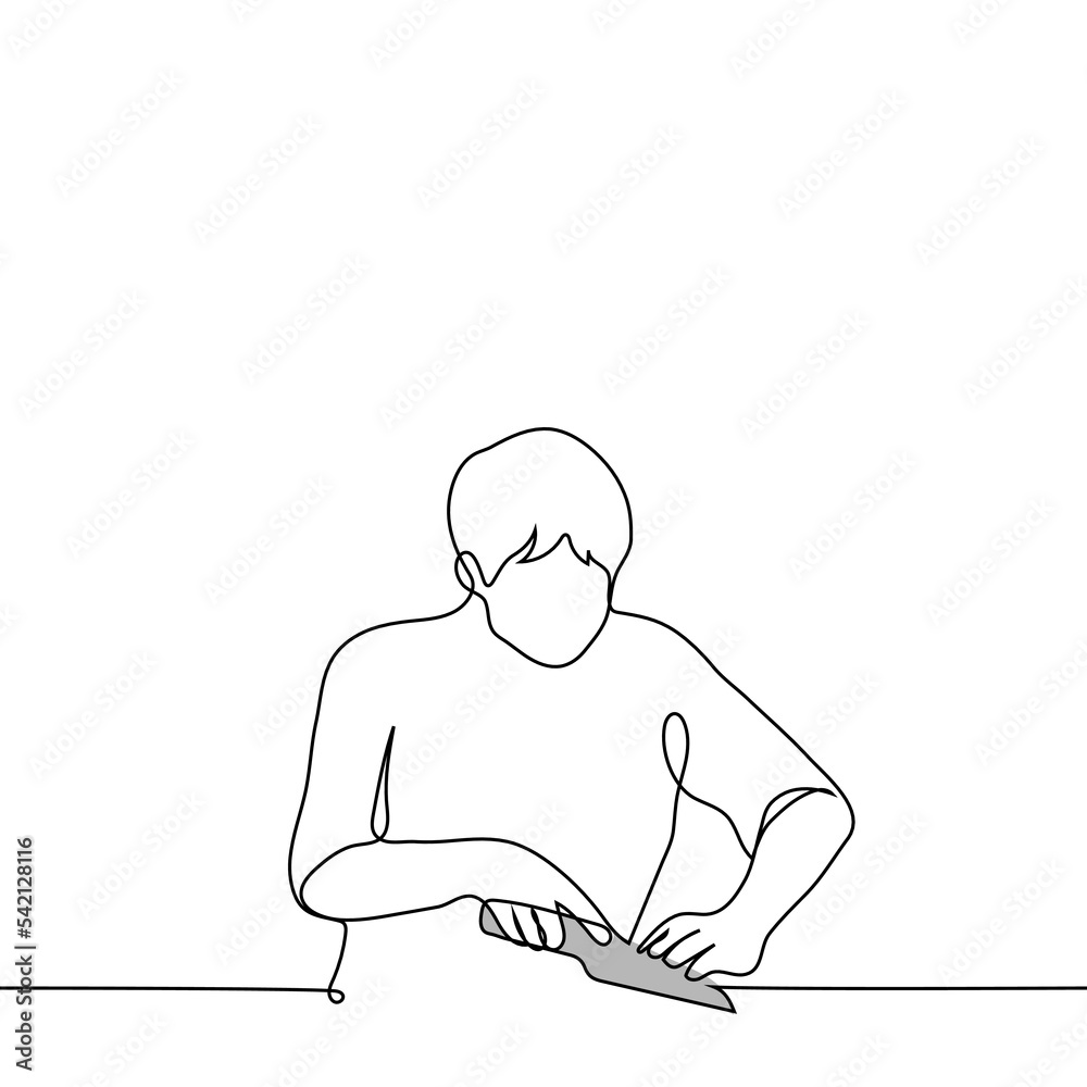 man cuts with a knife sitting at the table - one line drawing vector. concept cutting products, cooking