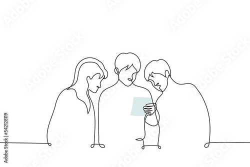 group of people stand and read a note (small sheet of paper) - one line drawing vector. concept family reads a family member's farewell message