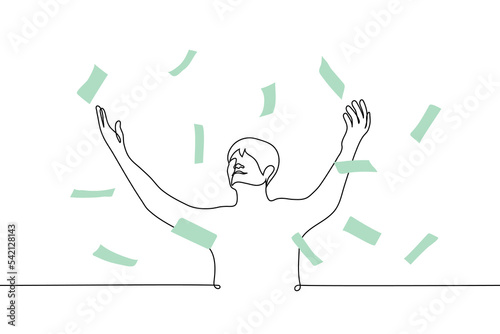 joyful man rejoices at banknotes falling on him - one line drawing vector. concept money win, get a lot of money, get rich
