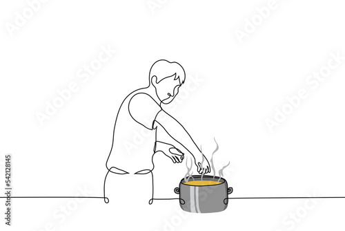man seasoning a pot of soup - one line drawing vector. concept chef prepares a large pot of hot steaming broth