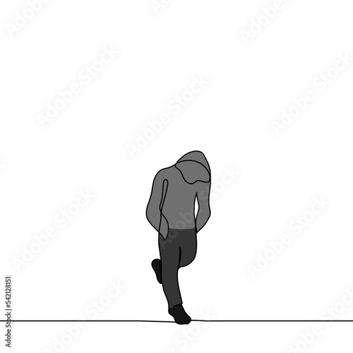 person in hoodie walking with head down top view - one line drawing vector. concept a small inconspicuous person, a metaphor for an anonymous or elusive criminal photo