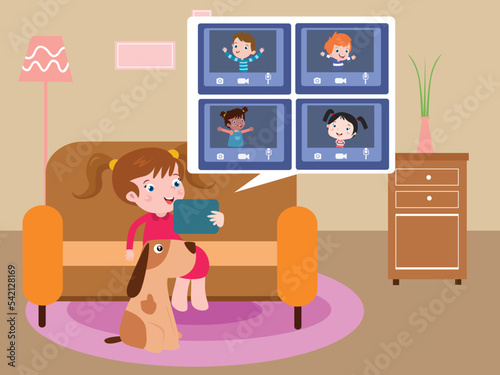 Children making a video call with a table at home