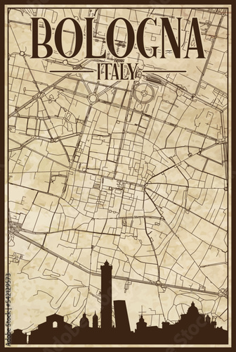 Brown vintage hand-drawn printout streets network map of the downtown BOLOGNA, ITALY with brown highlighted city skyline and lettering