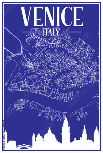 Blue vintage hand-drawn printout streets network map of the downtown VENICE, ITALY with brown highlighted city skyline and lettering