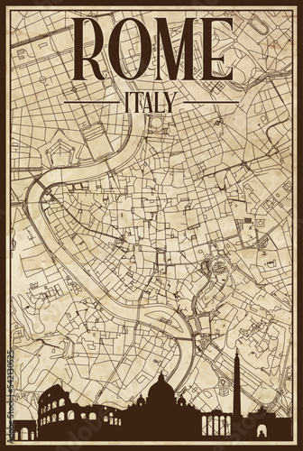 Brown vintage hand-drawn printout streets network map of the downtown ROME, ITALY with brown highlighted city skyline and lettering