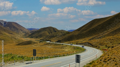 Road trip view of  travel in Lindis pass with blue sky background