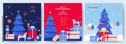Merry Christmas and Happy New Year greeting card, banner, poster, holiday cover Set. Modern trendyXmas design in blue, red, gold, white colors. Christmas tree, balls, fir branch, toys, gifts elements.