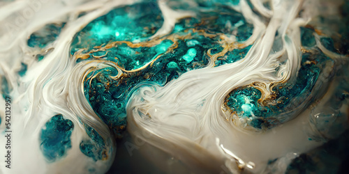 Spectacular image of teal and white liquid ink churning together, with a real...