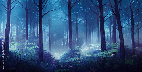 Magical fairy tale forest landscape background with fog and light