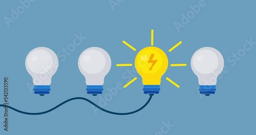Animated light bulbes on blue background. Idea, education or technology concept. 4K video motion graphic icon animation. Turning on light bulb animation with light rays. photo