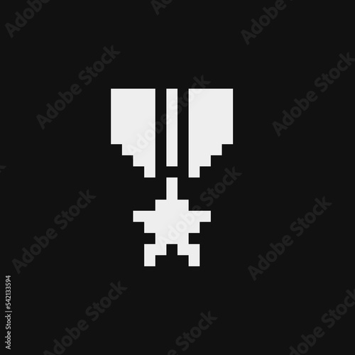 Military medal star icon with  ribbon pixel art icon. Army award. Flat style. Cartoon style. Military symbol for web and mobile. Flat style. 1-bit. Isolated vector illustration.