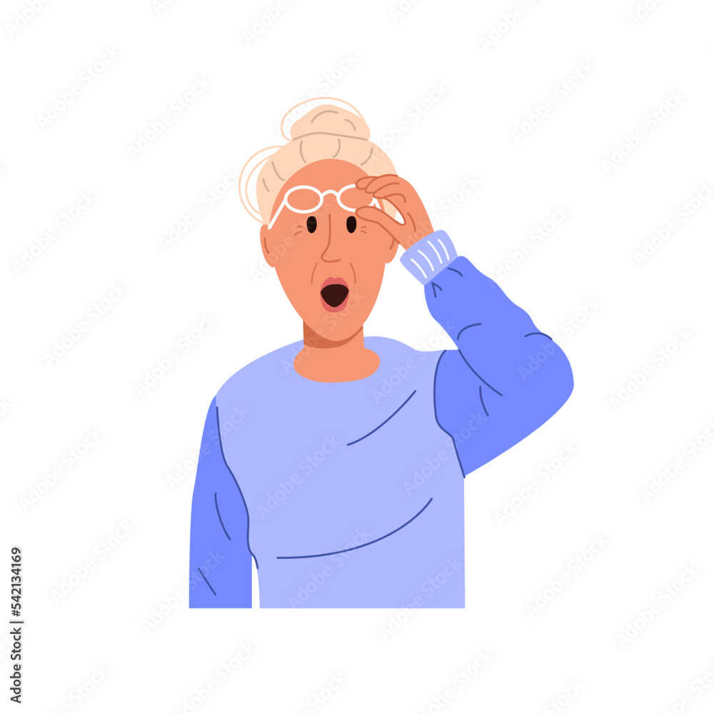 Portrait of surprised old woman. Shocked elderly lady with open mouth. Gossip, rumors and secrets concept. Grandmother expressing wonder. Color flat vector illustration isolated on white background