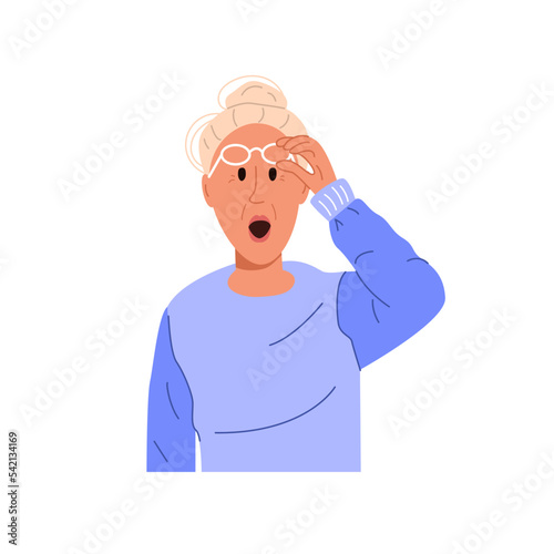 Portrait of surprised old woman. Shocked elderly lady with open mouth. Gossip, rumors and secrets concept. Grandmother expressing wonder. Color flat vector illustration isolated on white background