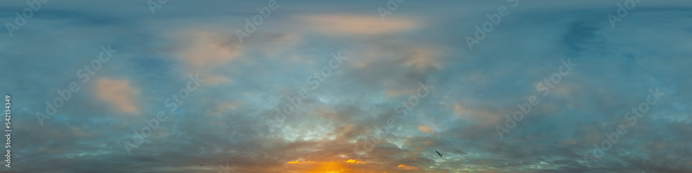 Dramatic sunset sky panorama with Cumulus clouds. Seamless hdr 360 pano in spherical equirectangular format. Complete zenith for 3D visualization, game and sky replacement for aerial drone panoramas Dramatic sunset sky panorama with Cumulus clouds. Seamless hdr 360 pano in spherical equirectangular format. Complete zenith for 3D visualization, game and sky replacement for aerial drone panoramas