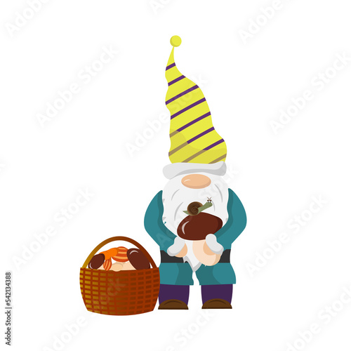 Cute little gnome with a basket and mushrooms. Fairy tale vector illustration. For use in the design of cards, invitations, fabrics and prints, children's rooms, shops.