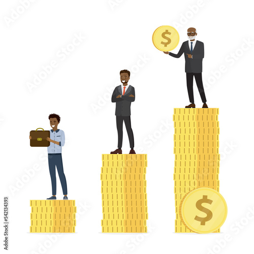 Retirement money plan and savings growth. Income difference, corporate hierarchy. Pension fund. Old and young man stand on stacks of gold coins.