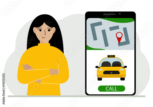 A woman next to a large smartphone on the screen which has a taxi and geolocation. The concept of a mobile taxi application or ordering a taxi online.