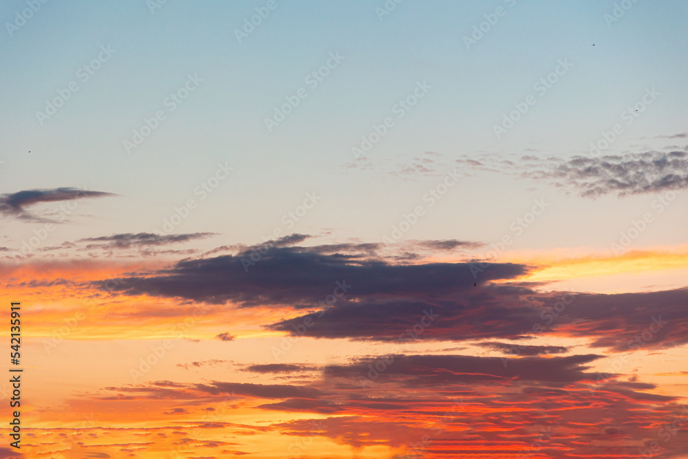 Fototapeta premium Golden sunset in the sky with clouds. Dark epic sky with a copy space. Beautiful heaven and cloudscape