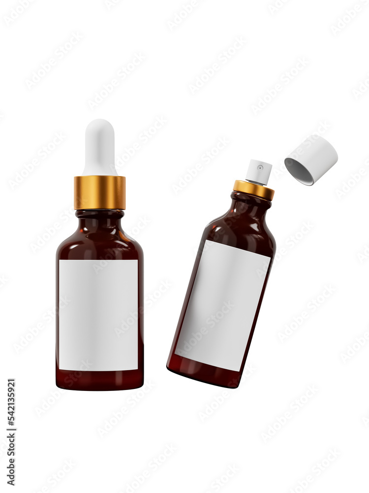 Amber glass cosmetic serum bottle 3d render cutout
