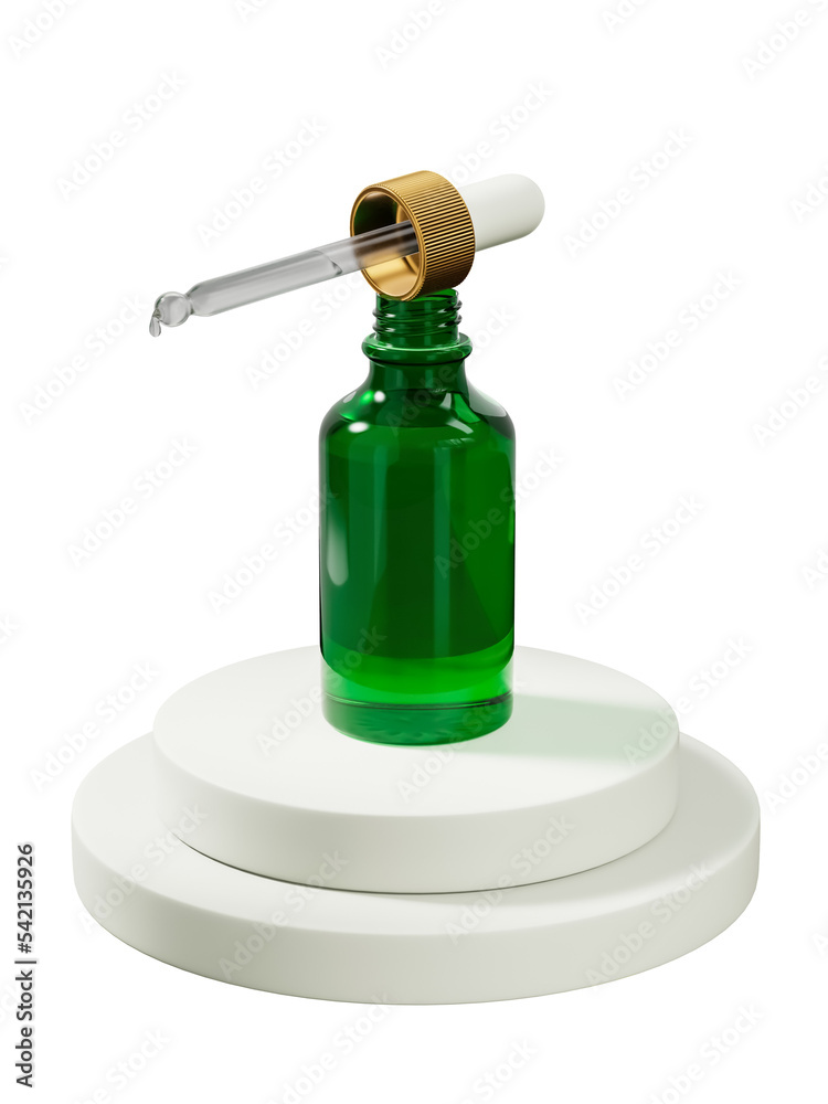 Green amber glass cosmetic serum bottle 3d render cutout Green amber glass cosmetic serum bottle 3d render cutout