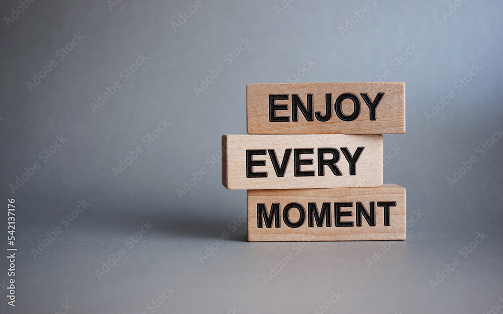 The inscription ENJOY EVERY MOMENT on wooden cubes isolated on a light background, the concept of business and finance. The inscription ENJOY EVERY MOMENT on wooden cubes isolated on a light background, the concept of business and finance.