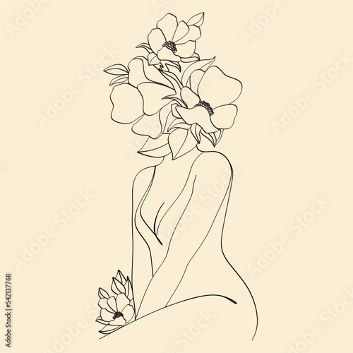 Trendy abstract one line woman body with flowers and leaves. Girl covering her nude breast. Naked woman standing back one line drawing on white isolated background. Vector illustration